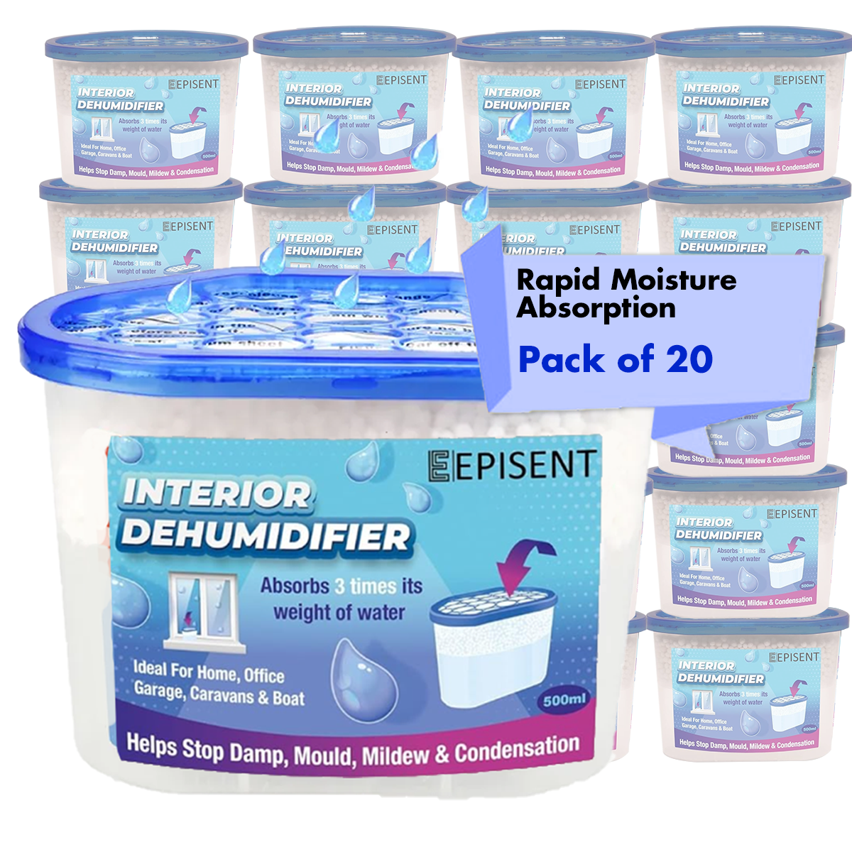 EPISENT | 1000ml XL Interior Dehumidifier - Moisture Absorber Pack of 5 | Effective for Large Rooms and Spaces | Helps Prevent Damp, Mold, Mildew, and Condensation