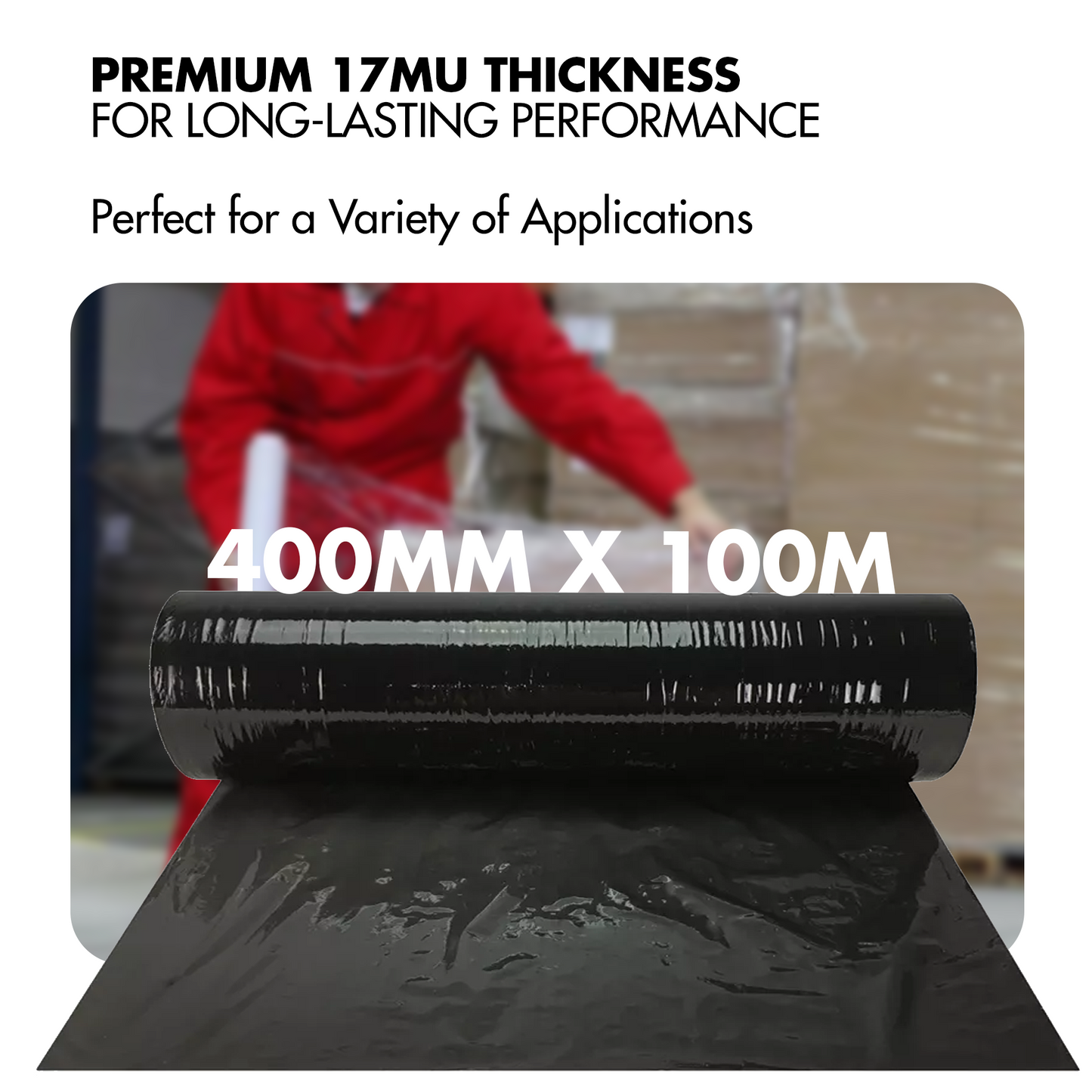 EPISENT Heavy Duty Black Pallet Shrink Wrap Roll 400mm x 100m | 17mu Industrial Stretch Film for Packing, Moving & Storage | Durable Transparent Cling Film for Parcels, Shipping & Protective Wrapping