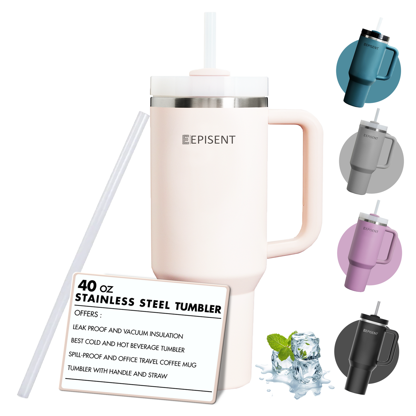 Premium 40oz Tumbler with Handle & Straw – Leakproof Stainless Steel Travel Mug – Vacuum Insulated Cup for Hot & Cold Drinks – Dishwasher Safe, Reusable, Travel Friendly – 𝗘𝗣𝗜𝗦𝗘𝗡𝗧