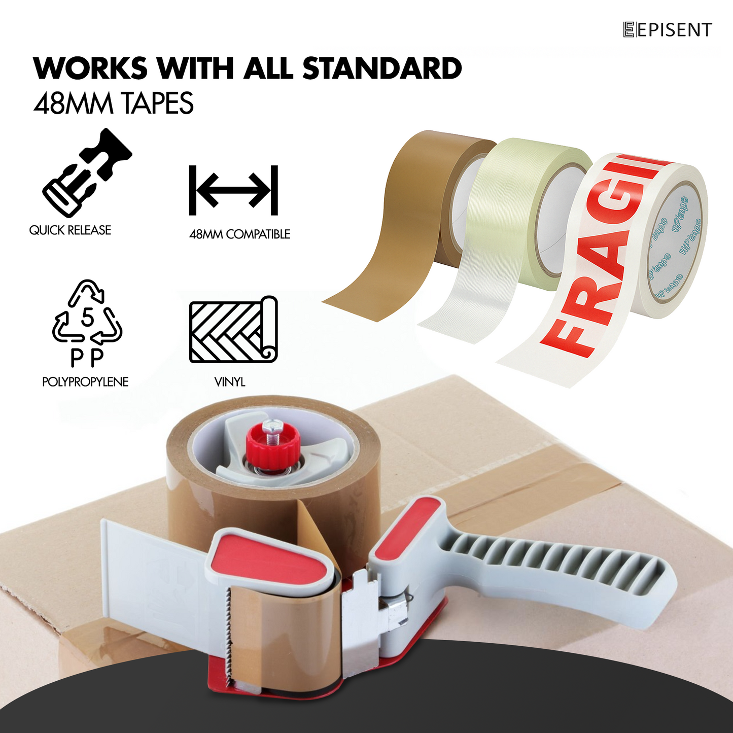 EPISENT Heavy Duty Packaging Tape Gun Dispenser - with Pack of 6 Packaging Tape Rolls - 48MM x 66M - Heavy Duty Packing Tape with Dispenser - Tape Gun - for Parcel Boxes or General Purpose