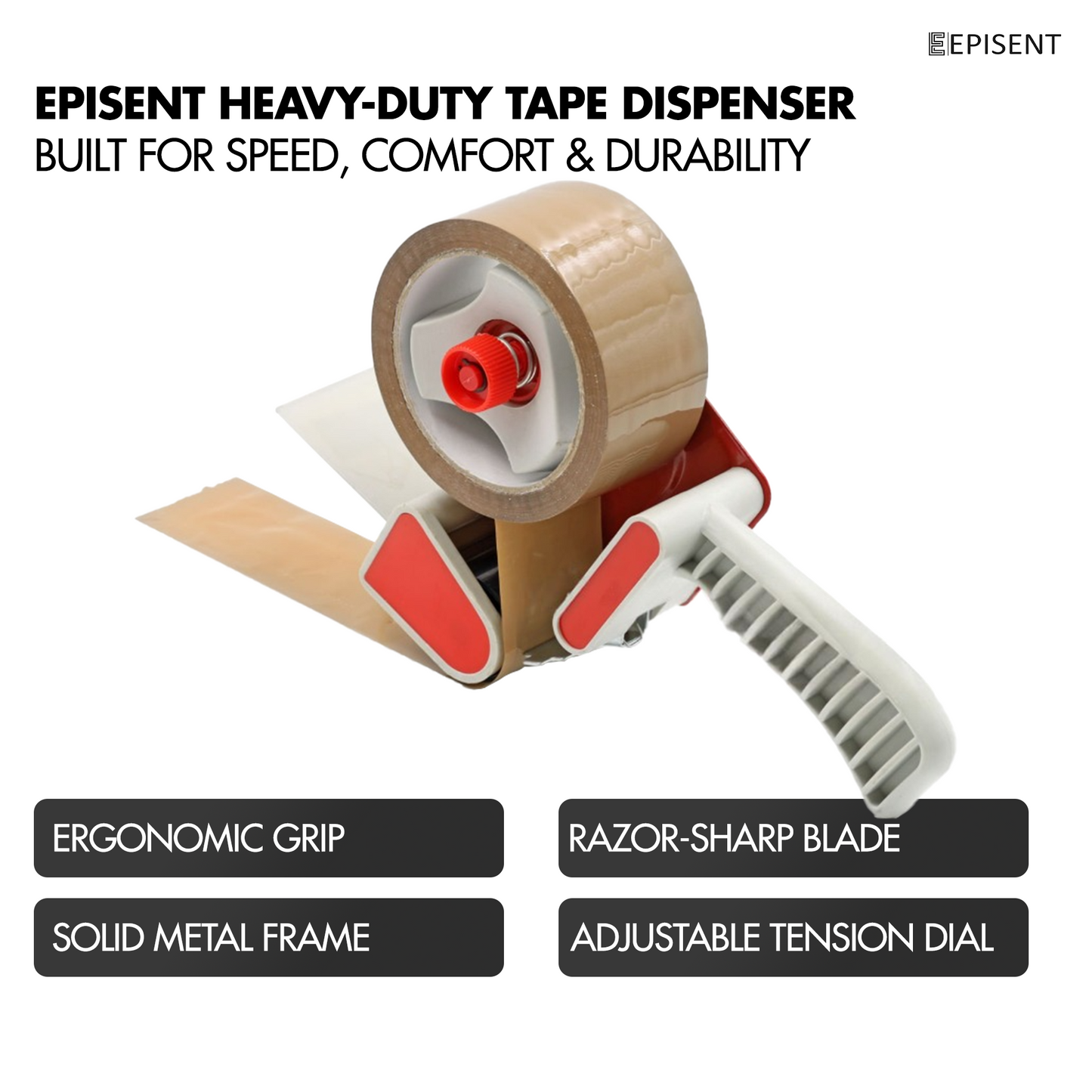 EPISENT Heavy Duty Packaging Tape Gun Dispenser - with Pack of 6 Packaging Tape Rolls - 48MM x 66M - Heavy Duty Packing Tape with Dispenser - Tape Gun - for Parcel Boxes or General Purpose