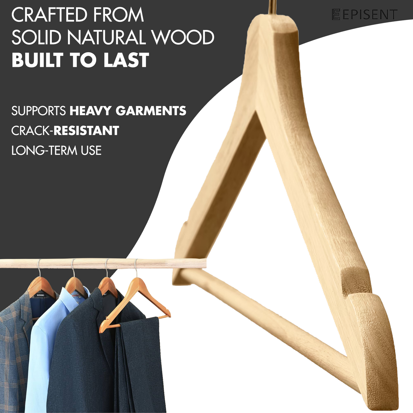 Episent Wooden Hangers | Strong Natural Wood | Non-Slip Trouser Bar & Shoulder Notches | 360째 Swivel Hook | Durable Wardrobe Space Saver | Suitable for Coat, Jacket, Suit, Jumper and More.