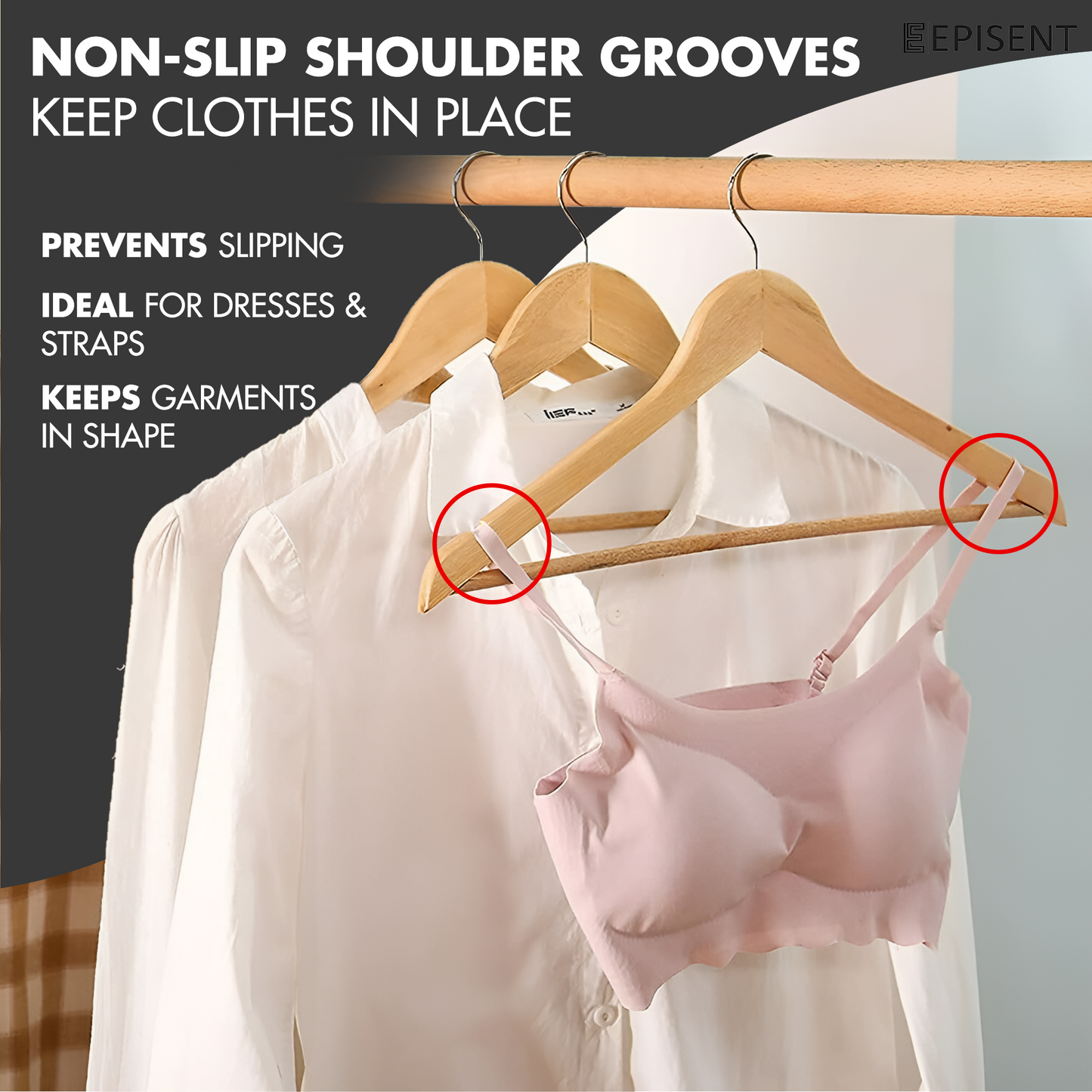 Episent Wooden Hangers | Strong Natural Wood | Non-Slip Trouser Bar & Shoulder Notches | 360째 Swivel Hook | Durable Wardrobe Space Saver | Suitable for Coat, Jacket, Suit, Jumper and More.