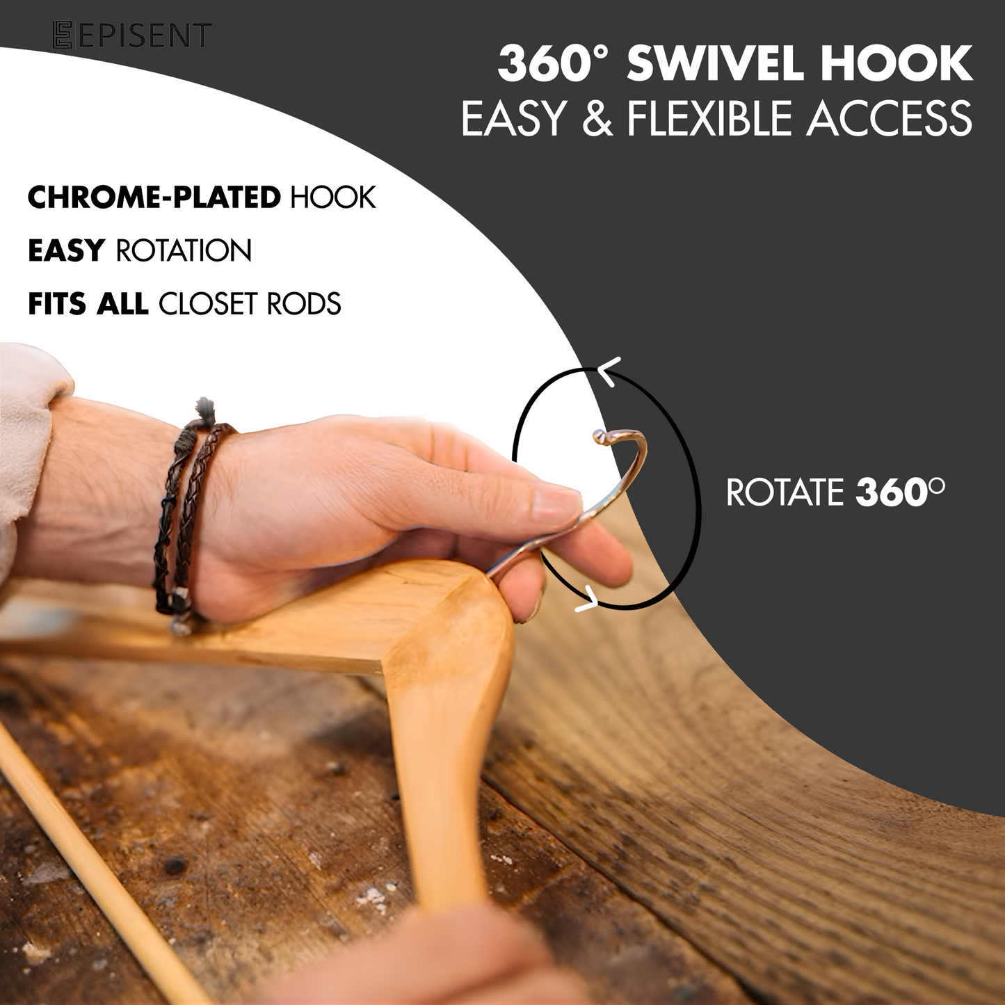 Episent Wooden Hangers | Strong Natural Wood | Non-Slip Trouser Bar & Shoulder Notches | 360째 Swivel Hook | Durable Wardrobe Space Saver | Suitable for Coat, Jacket, Suit, Jumper and More.
