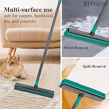 EPISENT Extendable Rubber Broom with Soft Bristles Perfect for Indoor Floor Sweeping, Carpet Cleaning & Pet Hair Removal Squeegee Edge for Wet & Dry Use Sturdy Handle