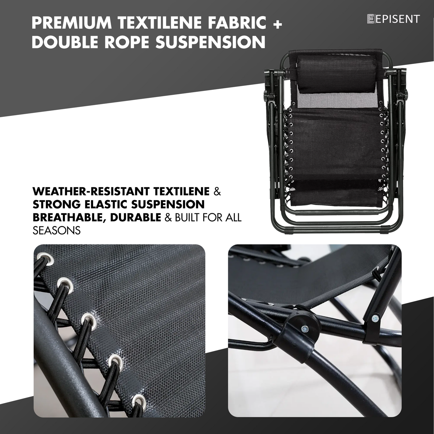 EPISENT Zero Gravity Chair Black Set of 2 | Foldable Garden Recliners | Sun Loungers with Cup Holders, Headrest Pillow, Phone Mount | Table Rest | Ideal for Camping & Outdoor Use