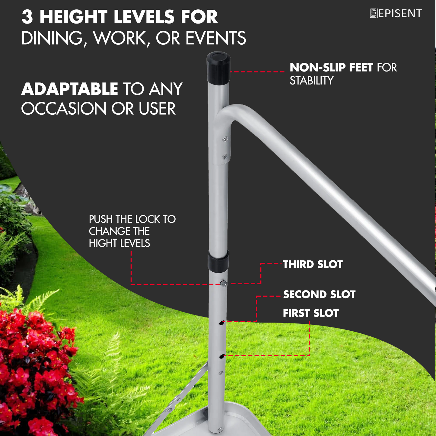 EPISENT 4FT Folding Table Adjustable Height Aluminum Picnic Dining Table Heavy-Duty, Portable, and Foldable with Carry Handle Ideal for Camping, Garden, BBQ, Party, Indoor & Outdoor Use
