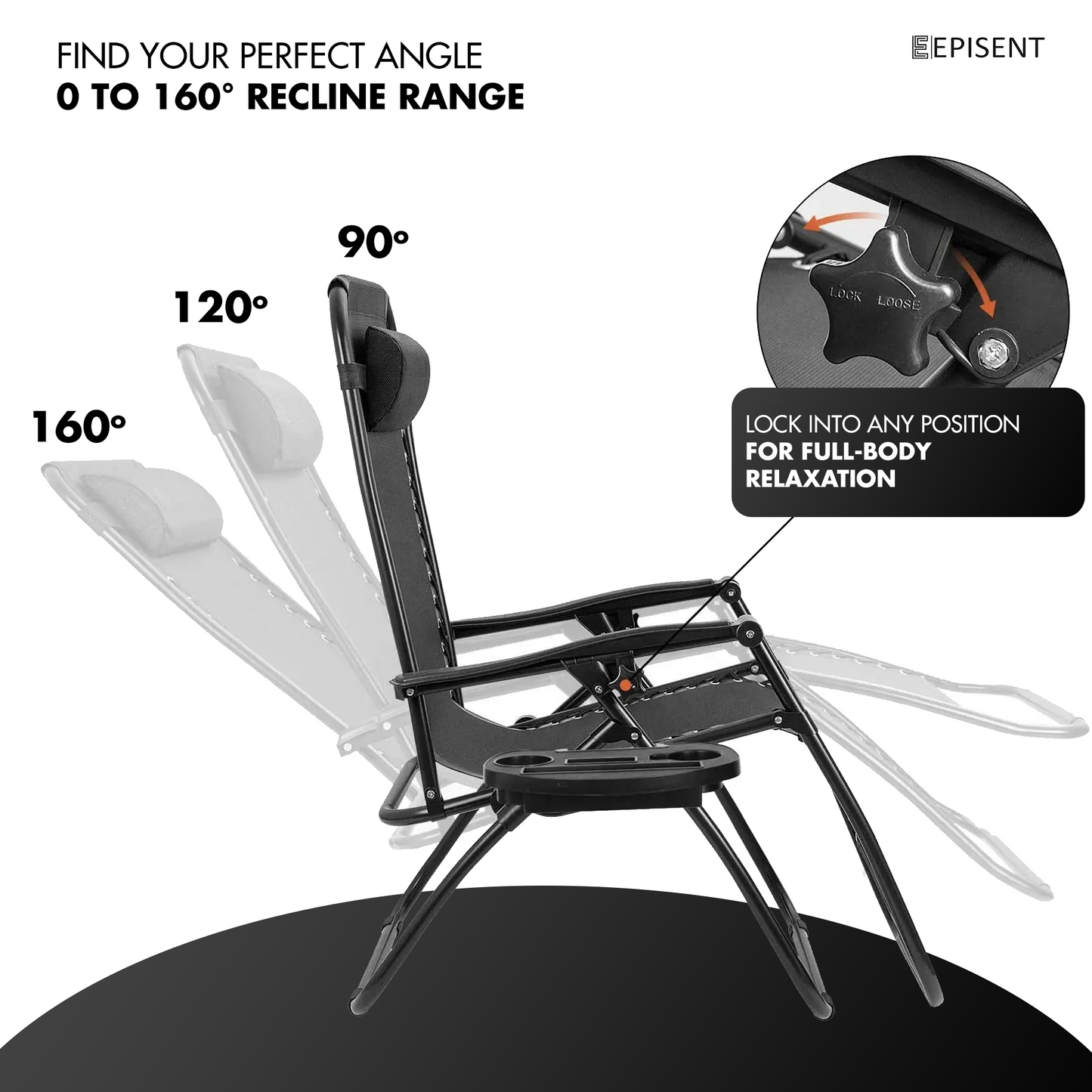 EPISENT Zero Gravity Chair Black Set of 2 | Foldable Garden Recliners | Sun Loungers with Cup Holders, Headrest Pillow, Phone Mount | Table Rest | Ideal for Camping & Outdoor Use