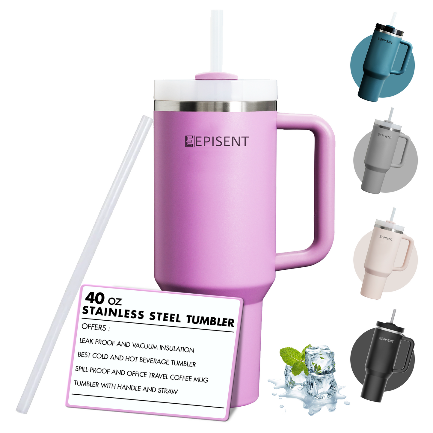 Premium 40oz Tumbler with Handle & Straw – Leakproof Stainless Steel Travel Mug – Vacuum Insulated Cup for Hot & Cold Drinks – Dishwasher Safe, Reusable, Travel Friendly – 𝗘𝗣𝗜𝗦𝗘𝗡𝗧