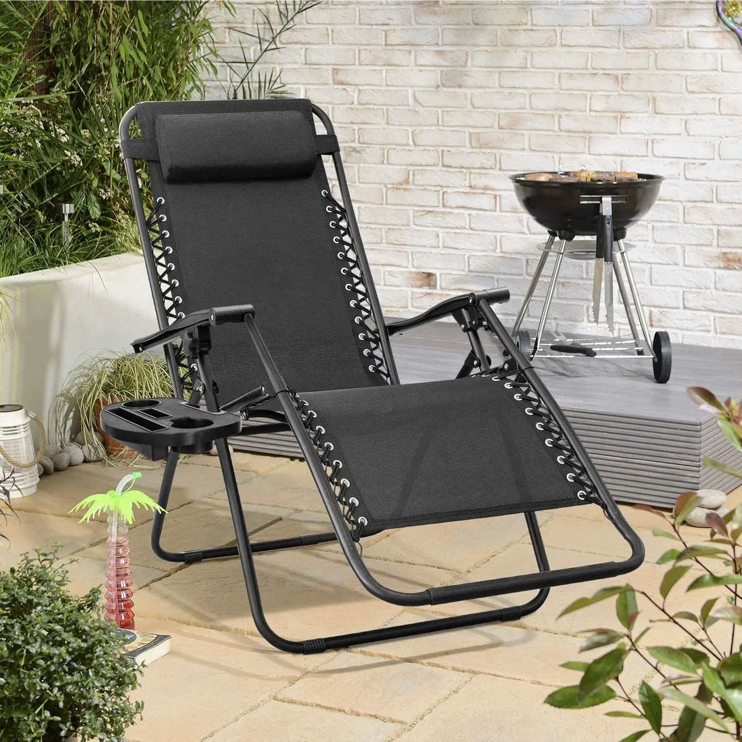 EPISENT Zero Gravity Chair Black Set of 2 | Foldable Garden Recliners | Sun Loungers with Cup Holders, Headrest Pillow, Phone Mount | Table Rest | Ideal for Camping & Outdoor Use