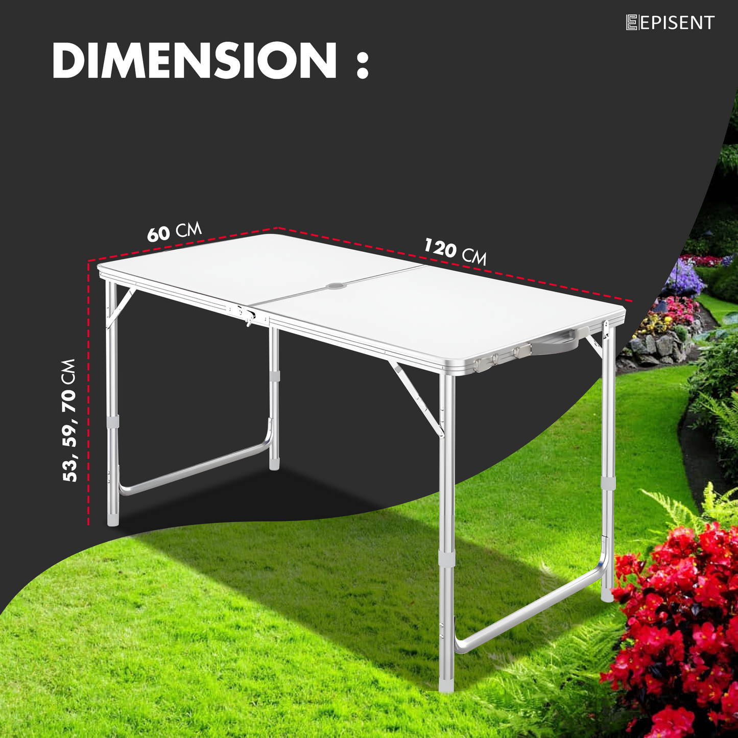 EPISENT 4FT Folding Table Adjustable Height Aluminum Picnic Dining Table Heavy-Duty, Portable, and Foldable with Carry Handle Ideal for Camping, Garden, BBQ, Party, Indoor & Outdoor Use