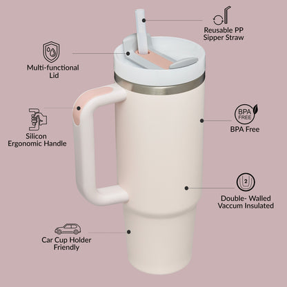 Premium 40oz Tumbler with Handle & Straw – Leakproof Stainless Steel Travel Mug – Vacuum Insulated Cup for Hot & Cold Drinks – Dishwasher Safe, Reusable, Travel Friendly – 𝗘𝗣𝗜𝗦𝗘𝗡𝗧