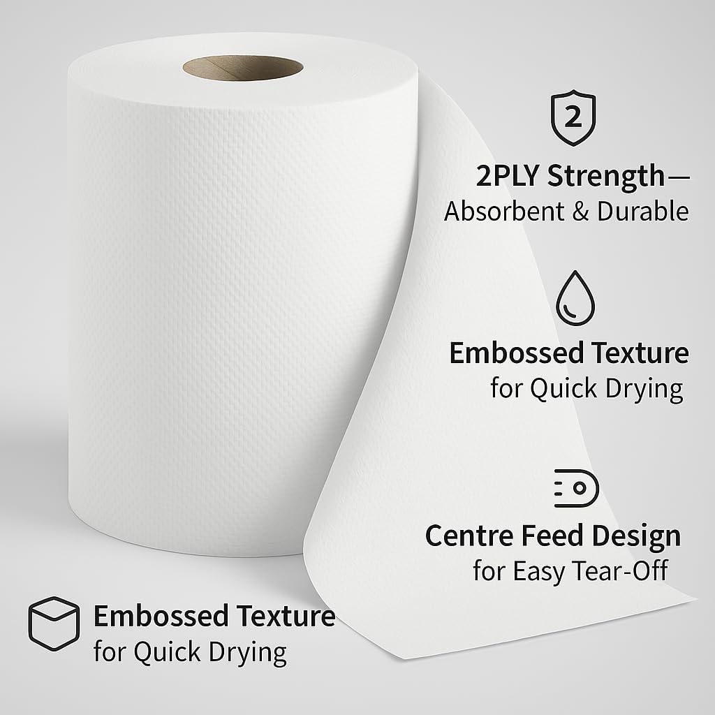 EPISENT White Rolls| 2 PLY Pack of 6 Rolls| Embossed Centre Feed| Kitchen Towel| White ROLL