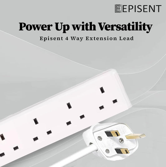 EPISENT 4 Way Extension Lead with 1M Cable – Multi Plug Power Strip with UK Plug – Surge Protected Heavy Duty White Socket – Wall Mountable Extension Cable for Home, Office, Bedroom, Workshop & Garage