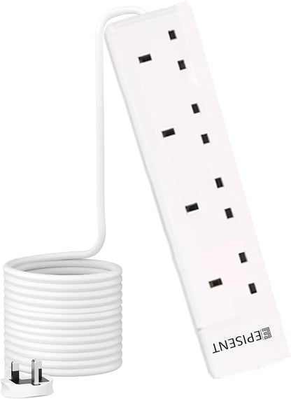 EPISENT 4 Way Extension Lead with 1M Cable – Multi Plug Power Strip with UK Plug – Surge Protected Heavy Duty White Socket – Wall Mountable Extension Cable for Home, Office, Bedroom, Workshop & Garage
