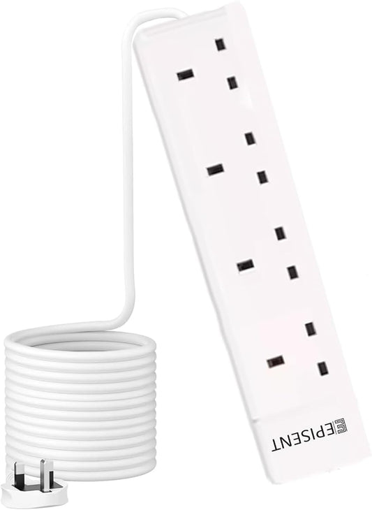 EPISENT 4 Way Extension Lead with 1M Cable – Multi Plug Power Strip with UK Plug – Surge Protected Heavy Duty White Socket – Wall Mountable Extension Cable for Home, Office, Bedroom, Workshop & Garage