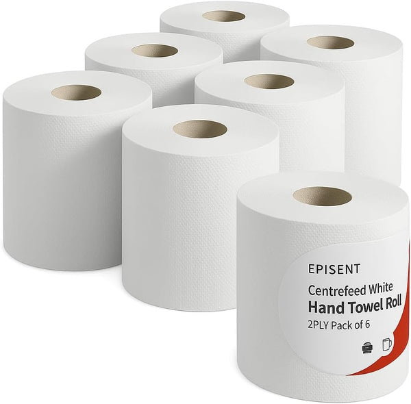 EPISENT White Rolls| 2 PLY Pack of 6 Rolls| Embossed Centre Feed| Kitchen Towel| White ROLL