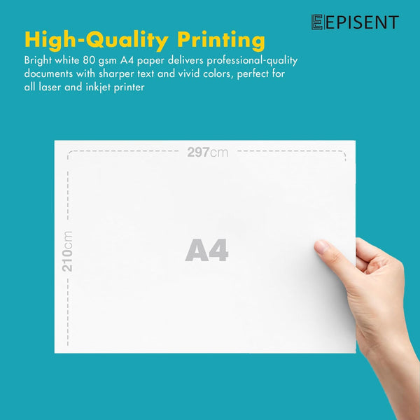 EPISENT A4 White Paper Sheets - 80gsm Bright White, Stronger, Sharper & Acid Free - Office Printer, Copier and Multifunction Laser Inkjet Compatible - 500 Sheets per Ream - Hover