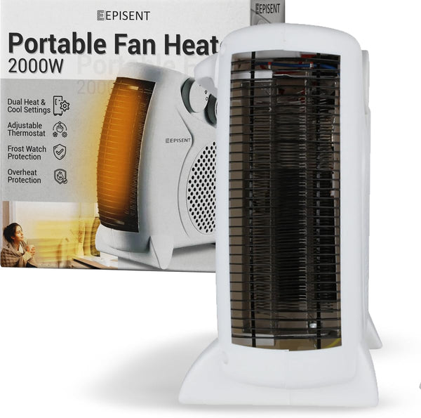 EPISENT Portable Fan Heater with Cool Air Function - Used Upright or Flat, Safety Cut Out - 2 Heat Settings 1000/2000W - Electric Heater for Home with Variable Thermostat (Fan Heater and Cooler) - Hover