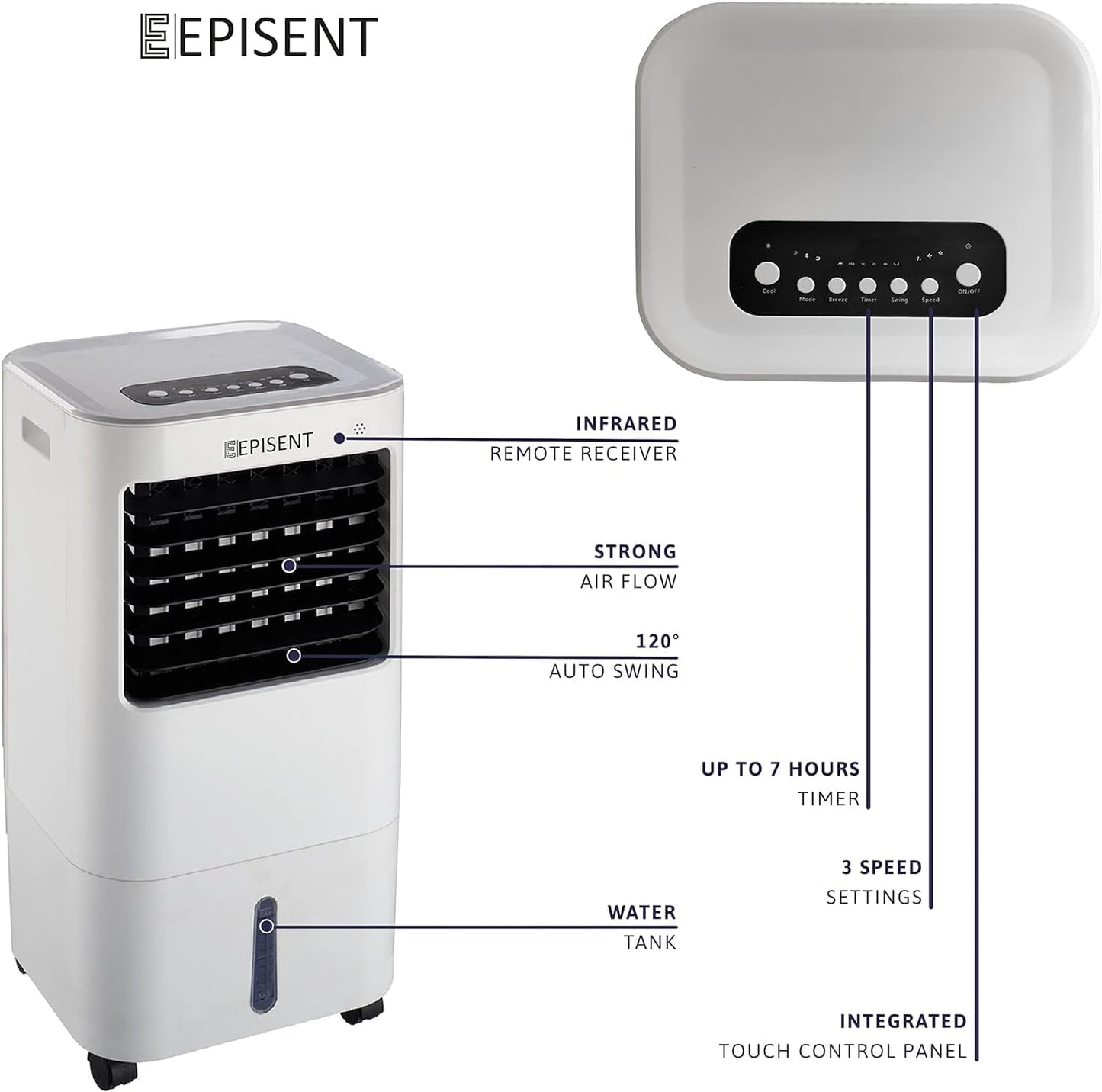 EPISENT 4-in-1 Portable Evaporative Air Cooler  15L Water Tank, Remote Control, 3 Fan Speeds, LED Display, 7.5-Hour Timer, Auto Oscillation  Energy-Efficient Cooling for Home & Office