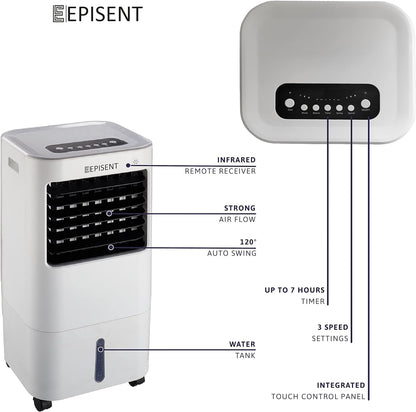 EPISENT 4-in-1 Portable Evaporative Air Cooler  15L Water Tank, Remote Control, 3 Fan Speeds, LED Display, 7.5-Hour Timer, Auto Oscillation  Energy-Efficient Cooling for Home & Office