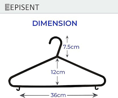 Episent Plastic Hangers With Hooks | Black Color | Strong Clothes Hangers with Suit Pants Trouser Bar | Space Saving | 36 cm Wide