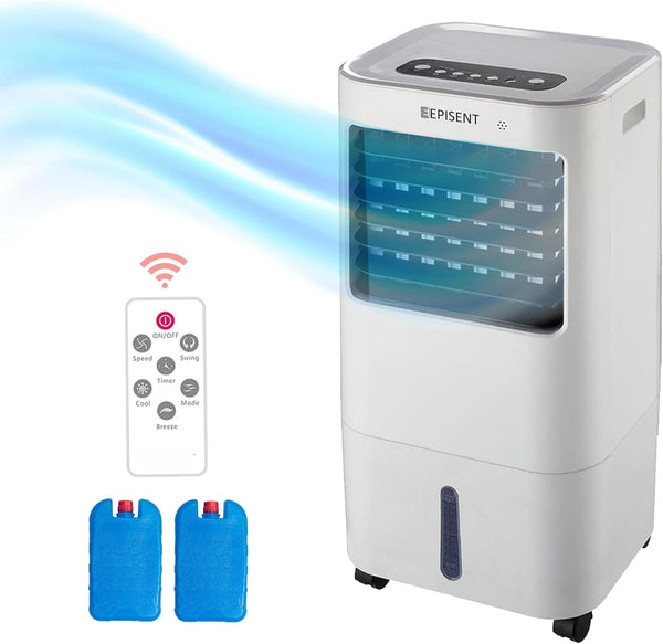 Air Cooler – 15L Evaporative Cooling Fan with Ice Packs & Remote | Quiet Air Conditioner | 3-Speed, LED Display, Timer, Humidifier & Air Purifier | Portable Fan for Bedroom, Office, Home Use – EPISENT