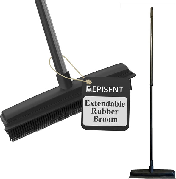 EPISENT Extendable Rubber Broom with Soft Bristles Perfect for Indoor Floor Sweeping, Carpet Cleaning & Pet Hair Removal Squeegee Edge for Wet & Dry Use Sturdy Handle