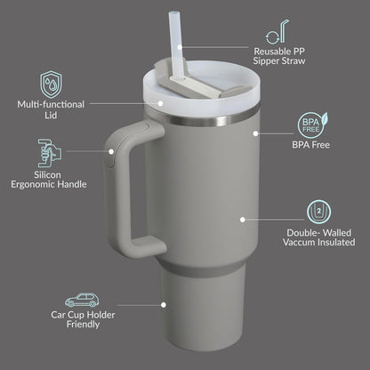 Premium 40oz Tumbler with Handle & Straw – Leakproof Stainless Steel Travel Mug – Vacuum Insulated Cup for Hot & Cold Drinks – Dishwasher Safe, Reusable, Travel Friendly – 𝗘𝗣𝗜𝗦𝗘𝗡𝗧
