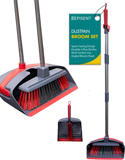 EPISENT Long Handled Dustpan and Brush Set - Upright Stand-Up Storage, Reduces Bending, Perfect for Home, Kitchen, Office - Easy Assembly, Durable - Red & Grey