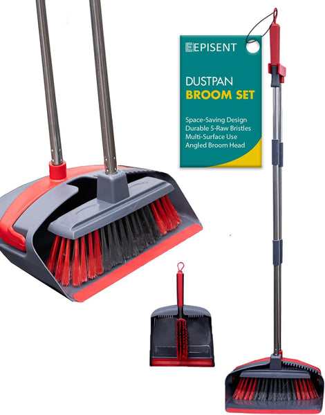 EPISENT Long Handled Dustpan and Brush Set - Upright Stand-Up Storage, Reduces Bending, Perfect for Home, Kitchen, Office - Easy Assembly, Durable - Red & Grey