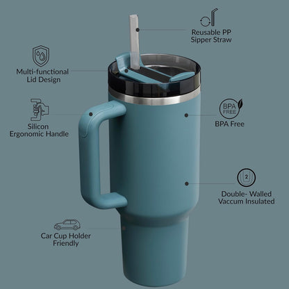 Premium 40oz Tumbler with Handle & Straw – Leakproof Stainless Steel Travel Mug – Vacuum Insulated Cup for Hot & Cold Drinks – Dishwasher Safe, Reusable, Travel Friendly – 𝗘𝗣𝗜𝗦𝗘𝗡𝗧