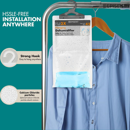 EPISENT Hanging Wardrobe Dehumidifier - Fast Acting Natural Hydrophilic Crystals - Helps Prevent Damp Mildew Mould Condensation - Ideal for Use Around the Home, Office, Vehicles, & Small Spaces (36)
