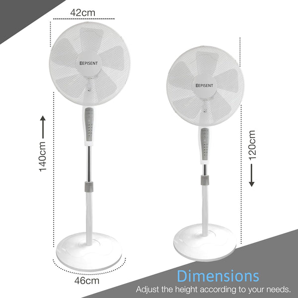EPISENT 16-Inch Pedestal Fan with Remote | Adjustable 140cm Height | 3 Speed Oscillating Standing Fan | Manual Head Pivot | White Electrical Cooling Fan - Hover