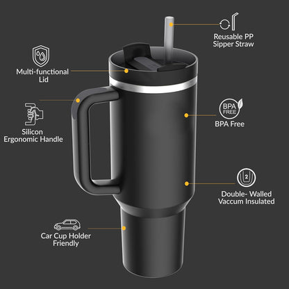 Premium 40oz Tumbler with Handle & Straw – Leakproof Stainless Steel Travel Mug – Vacuum Insulated Cup for Hot & Cold Drinks – Dishwasher Safe, Reusable, Travel Friendly – 𝗘𝗣𝗜𝗦𝗘𝗡𝗧