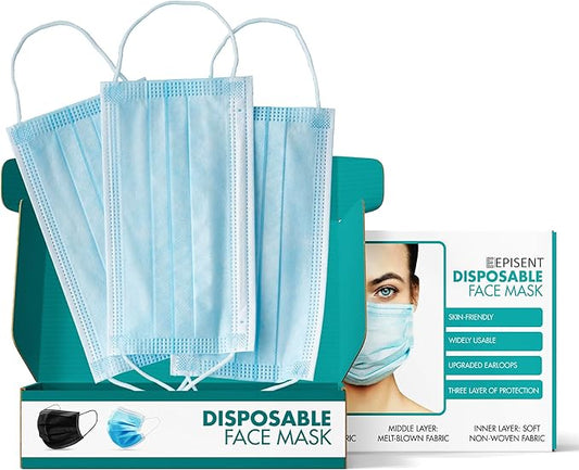EPISENT 50-Pack Disposable 3-Layer Face Masks – Breathable, Comfortable, Protective Nose & Mouth Cover with Elastic Ear Loops, Safety Filter for Home, Office, Outdoor Use (Blue)