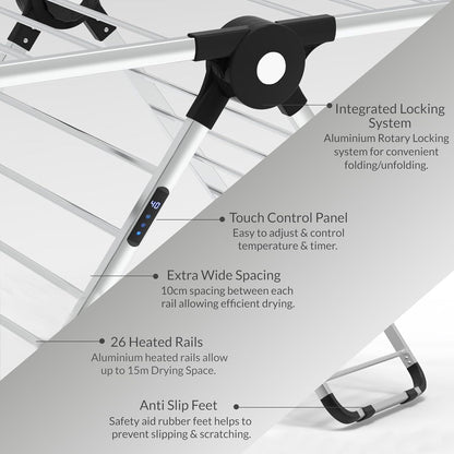 EPISENT Aero Dry Series X Electric Heated Clothes Airer | 26 Heated Rails with 9H Timer & Touch Control Panel | Fast, Energy-Efficient Drying Solution for Laundry