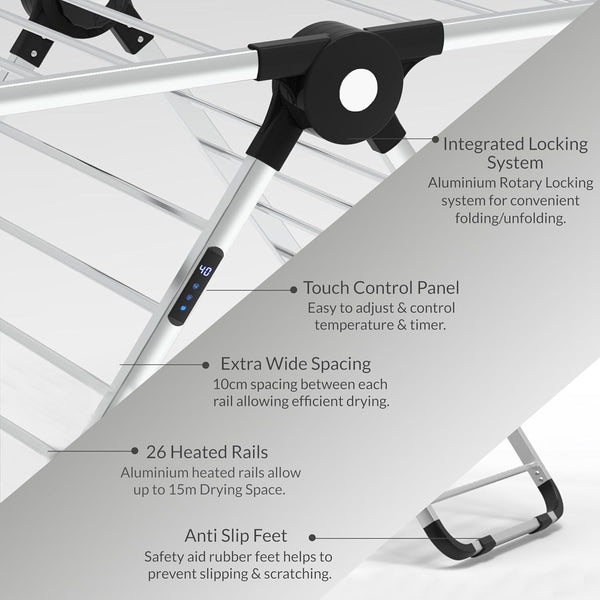 EPISENT Aero Dry Series X Electric Heated Clothes Airer | 26 Heated Rails with 9H Timer & Touch Control Panel | Fast, Energy-Efficient Drying Solution for Laundry - Hover