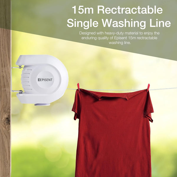 Episent 15M Washing Line | Wall Mounted Retractable Clothes Line for Outdoor Use | Heavy Duty Extendable Clothes Line - Hover