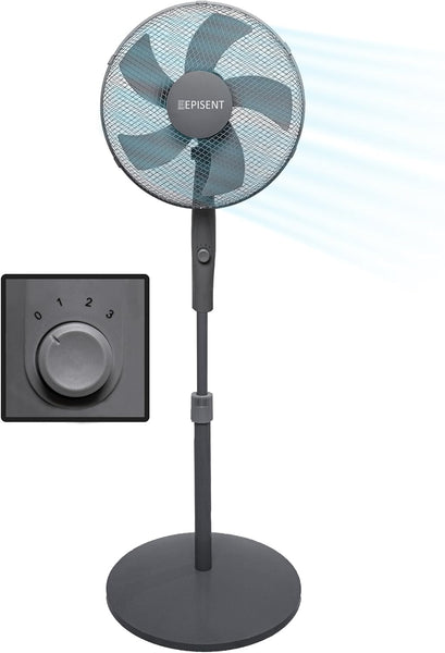 EPISENT 16'' Pedestal Matt Fan | Adjustable Height 140cm | Oscillating & Manual Head Pivot | Rotary Knob Speed Control | Standing Fan for Home & Office (GREY)
