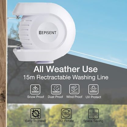 Episent 15M Washing Line | Wall Mounted Retractable Clothes Line for Outdoor Use | Heavy Duty Extendable Clothes Line