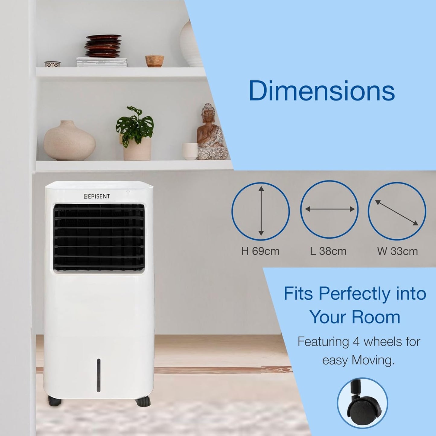 EPISENT 4-in-1 Portable Evaporative Air Cooler  15L Water Tank, Remote Control, 3 Fan Speeds, LED Display, 7.5-Hour Timer, Auto Oscillation  Energy-Efficient Cooling for Home & Office
