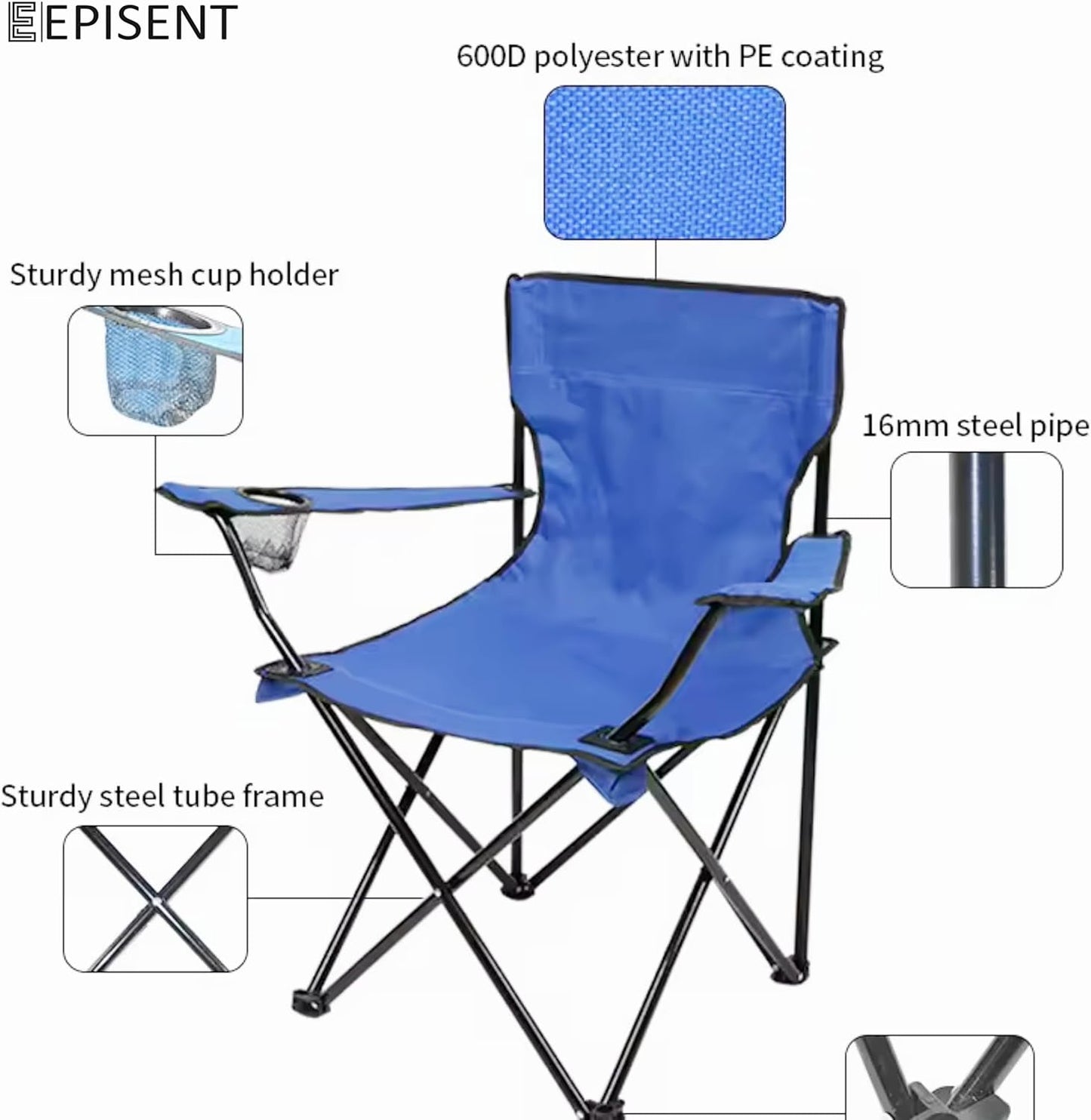 Episent set of 2 camping chairs lightweight folding portable chairs with cup holder side pocket 120kg capacity for outdoor fishing picnics travel