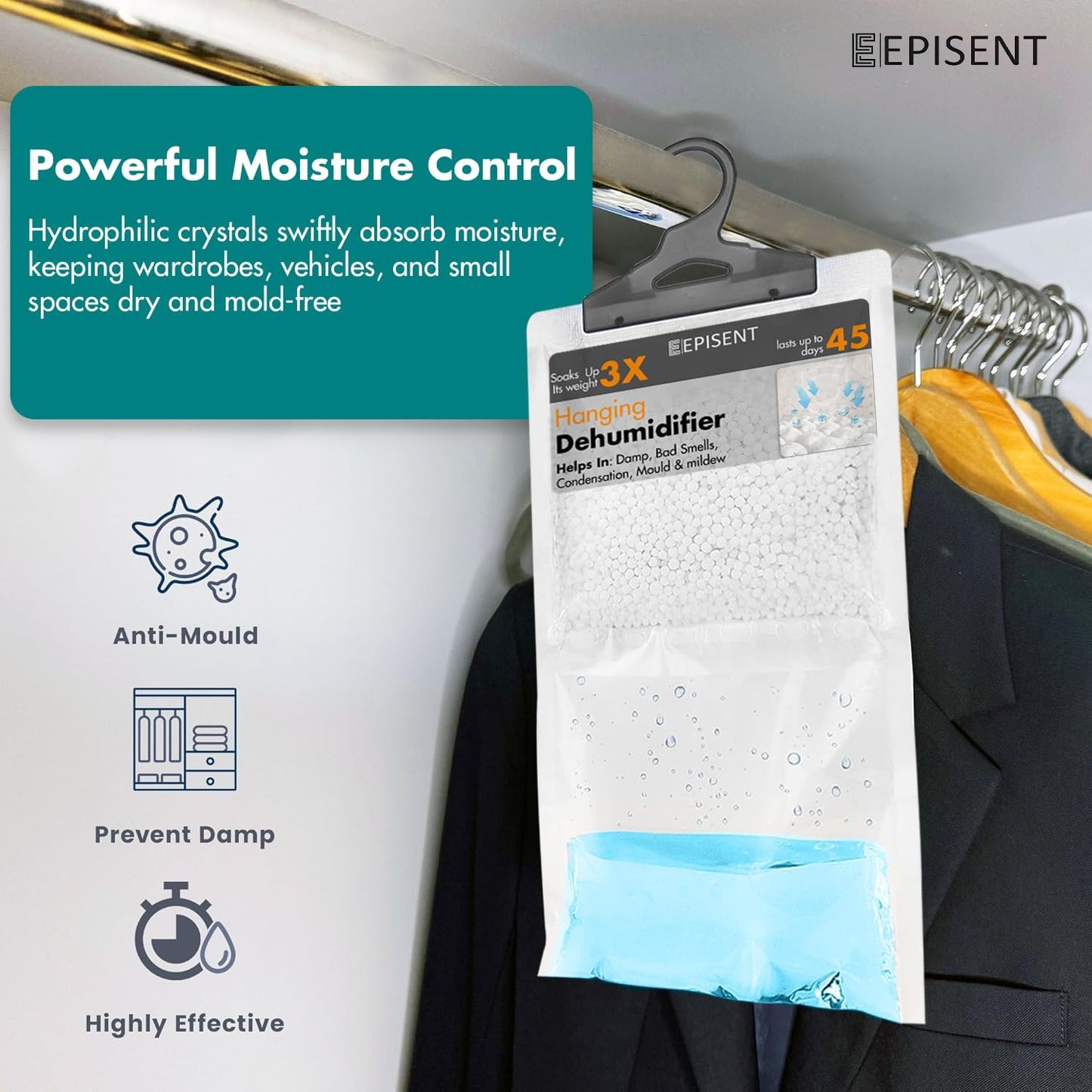 EPISENT Hanging Wardrobe Dehumidifier - Fast Acting Natural Hydrophilic Crystals - Helps Prevent Damp Mildew Mould Condensation - Ideal for Use Around the Home, Office, Vehicles, & Small Spaces (24)