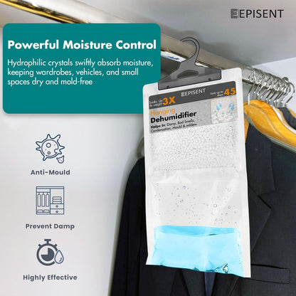 EPISENT Hanging Wardrobe Dehumidifier - Fast Acting Natural Hydrophilic Crystals - Helps Prevent Damp Mildew Mould Condensation - Ideal for Use Around the Home, Office, Vehicles, & Small Spaces (24)