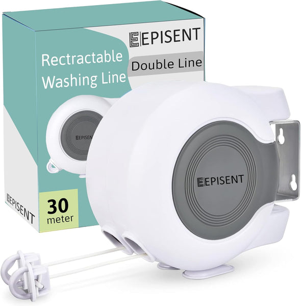 Episent 30M Washing Line | Wall Mounted Dual Retractable Clothes Line for Outdoor Use | Heavy Duty Extendable Clothes Line