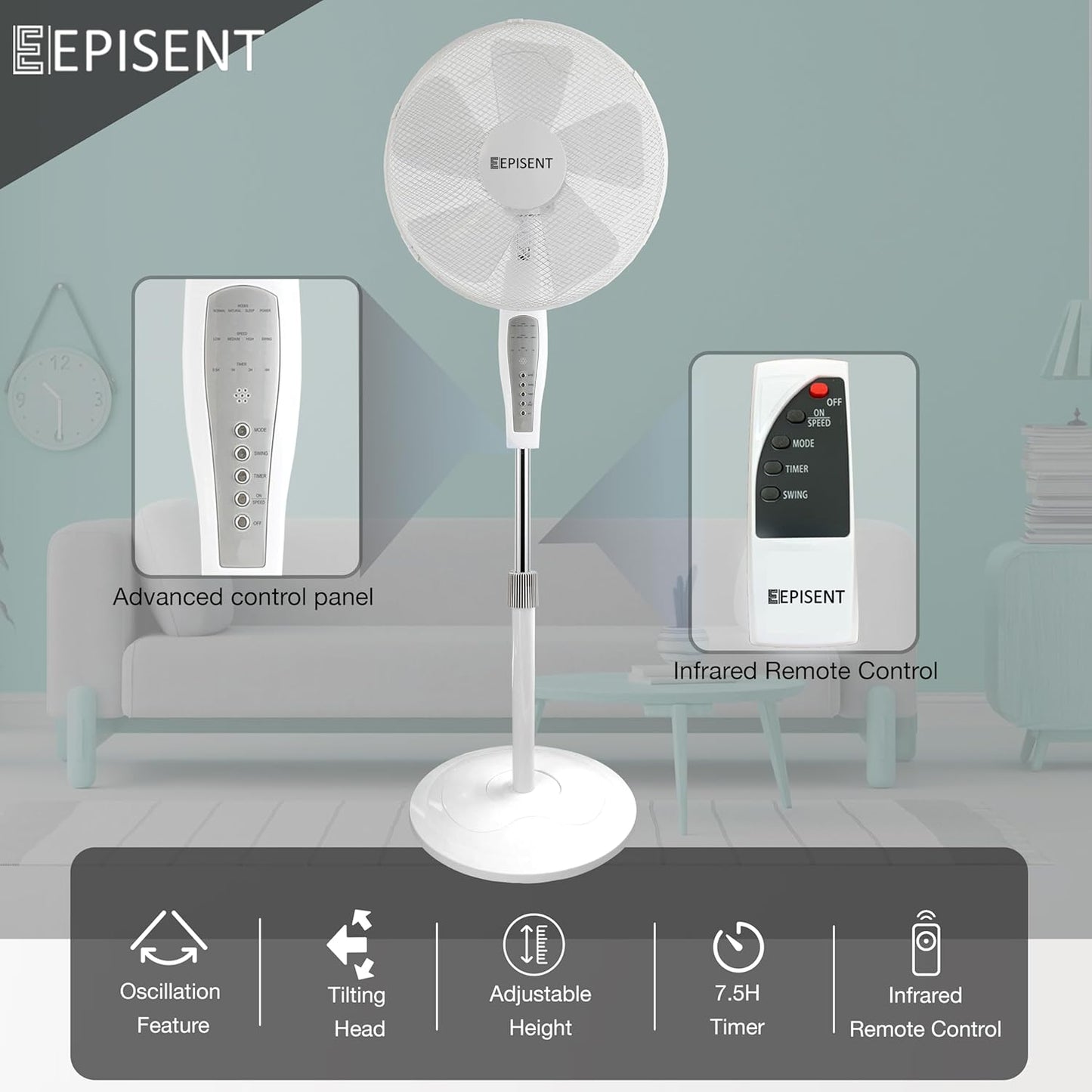EPISENT 16-Inch Pedestal Fan with Remote | Adjustable 140cm Height | 3 Speed Oscillating Standing Fan | Manual Head Pivot | White Electrical Cooling Fan