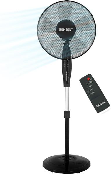 EPISENT 16-Inch Pedestal Standing Floor Fan | Remote Control | 3 Speed Settings | Adjustable Height & Tilt | Oscillating Air Cooling | Black | For Home, Office, Bedroom