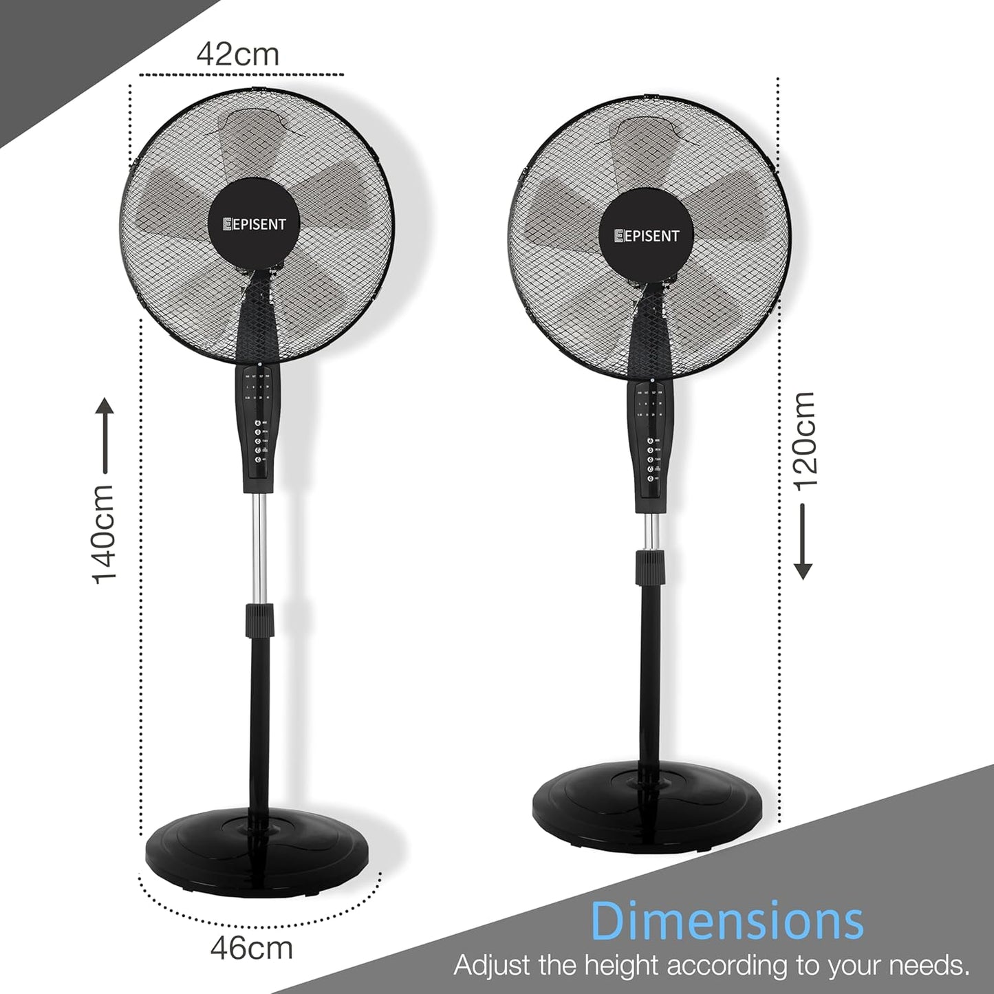 EPISENT 16-Inch Pedestal Standing Floor Fan | Remote Control | 3 Speed Settings | Adjustable Height & Tilt | Oscillating Air Cooling | Black | For Home, Office, Bedroom