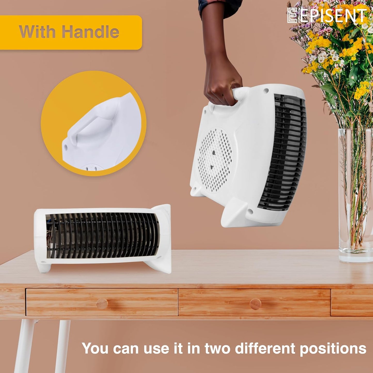 EPISENT Portable Fan Heater with Cool Air Function - Used Upright or Flat, Safety Cut Out - 2 Heat Settings 1000/2000W - Electric Heater for Home with Variable Thermostat (Fan Heater and Cooler)
